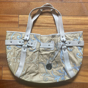 Stuart Weitzman Woven Fabric Leather Hobo Bag Cream Tan Sky Blue Tote Bag Charm